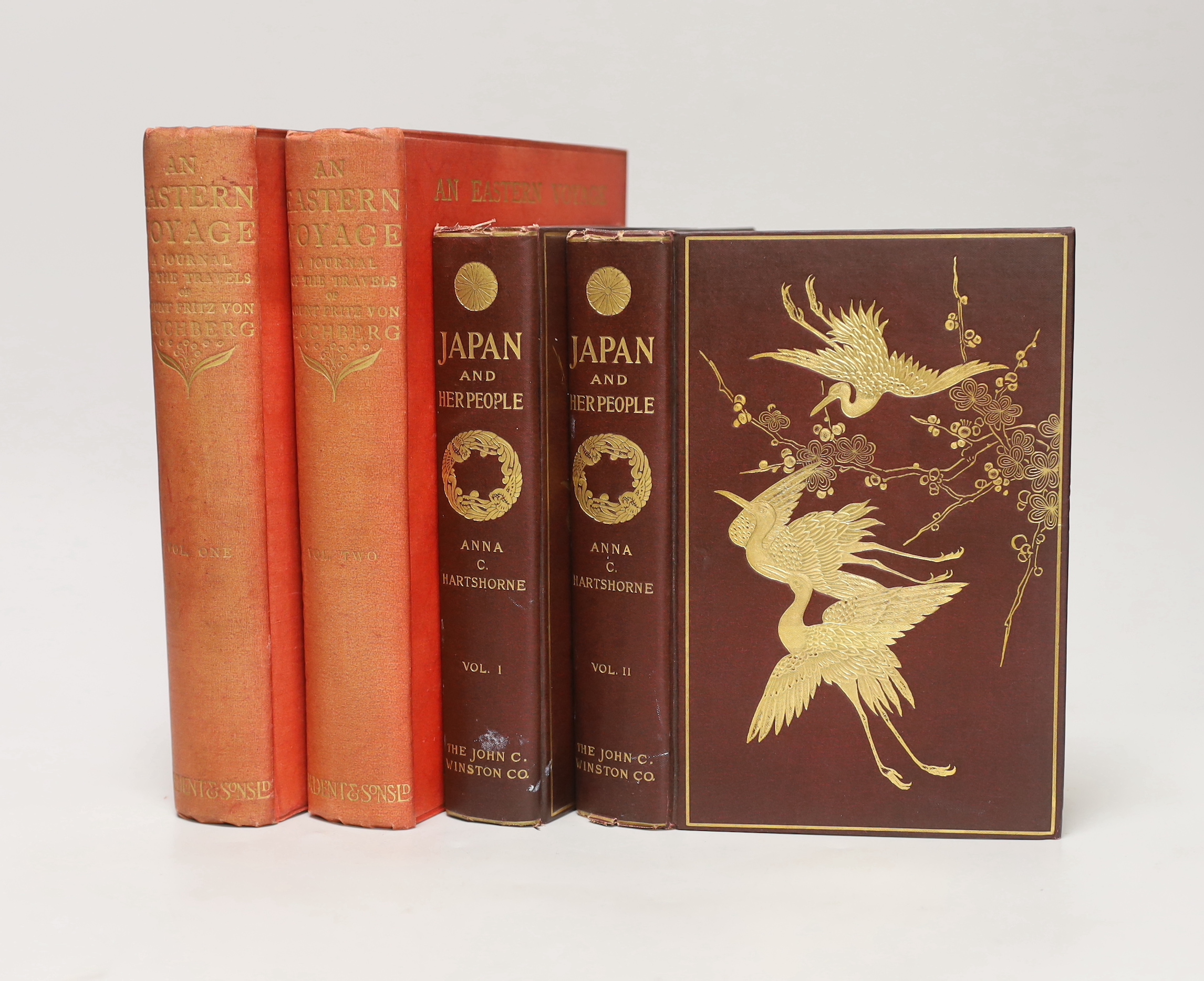 Hartshorne, Anna C. - Japan and Her People. 2 vols. 50 plates and a coloured, folded map; publisher's gilt pictorial cloth with gilt tops. Philadelphia, 1902; Hochberg, Count Fritz - An Eastern Voyage: a journal of trave